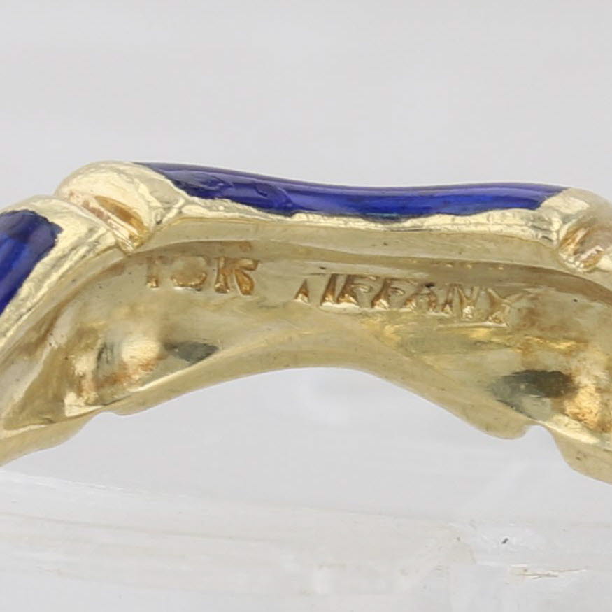 Rare Tiffany & Co Blue Enamel Bamboo Band Stackable Ring 18k Yellow Gold Sz 8.5