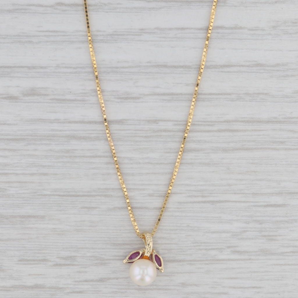 Gray Cultured Pearl Ruby Pendant Necklace 14k Yellow Gold 15.75" Box Chain