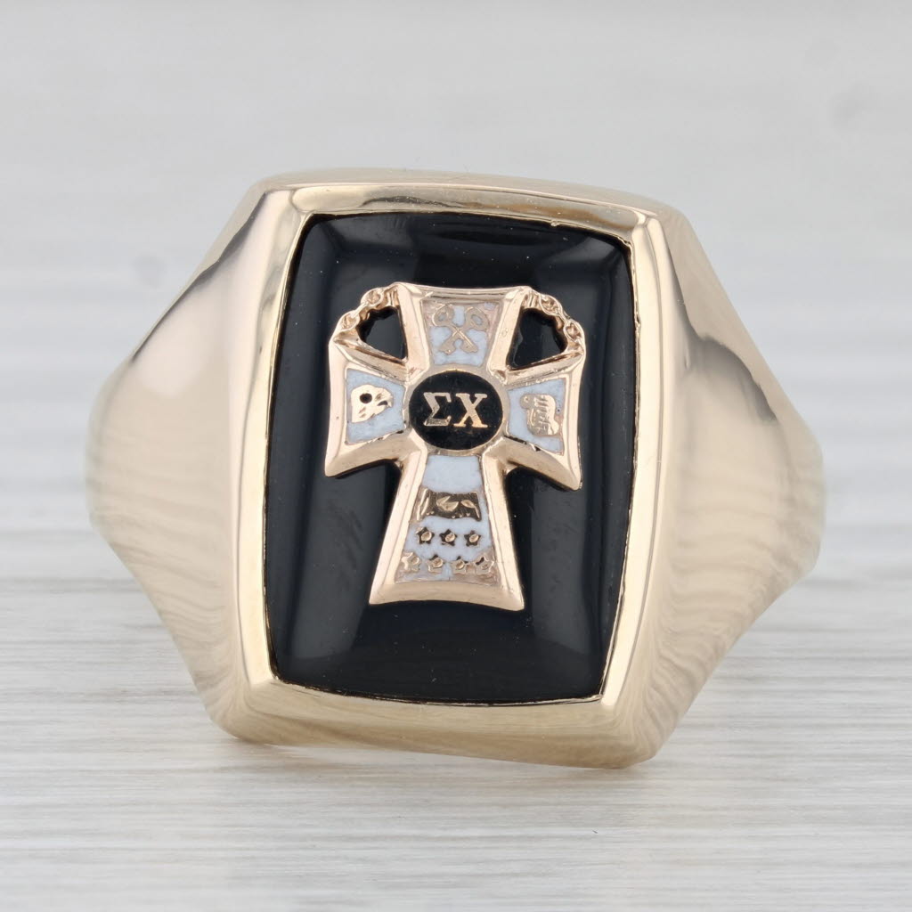 Light Gray Custom Sigma Chi Cross Badge Signet Ring 10k Gold Onyx Sz 12 Vintage Fraternity