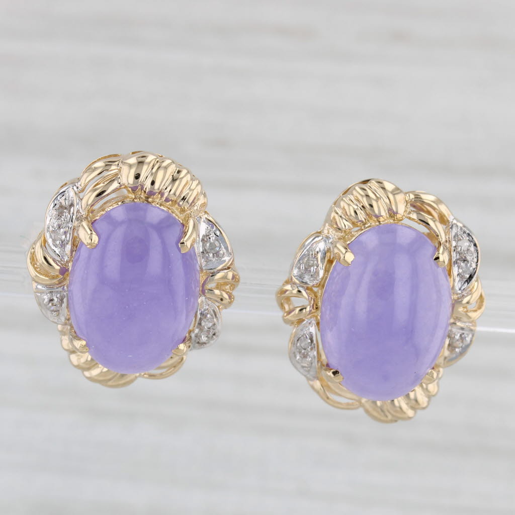 Gray Lavender Jadeite Jade Diamond Earrings 14k Yellow Gold Oval Cabochon Omega Backs