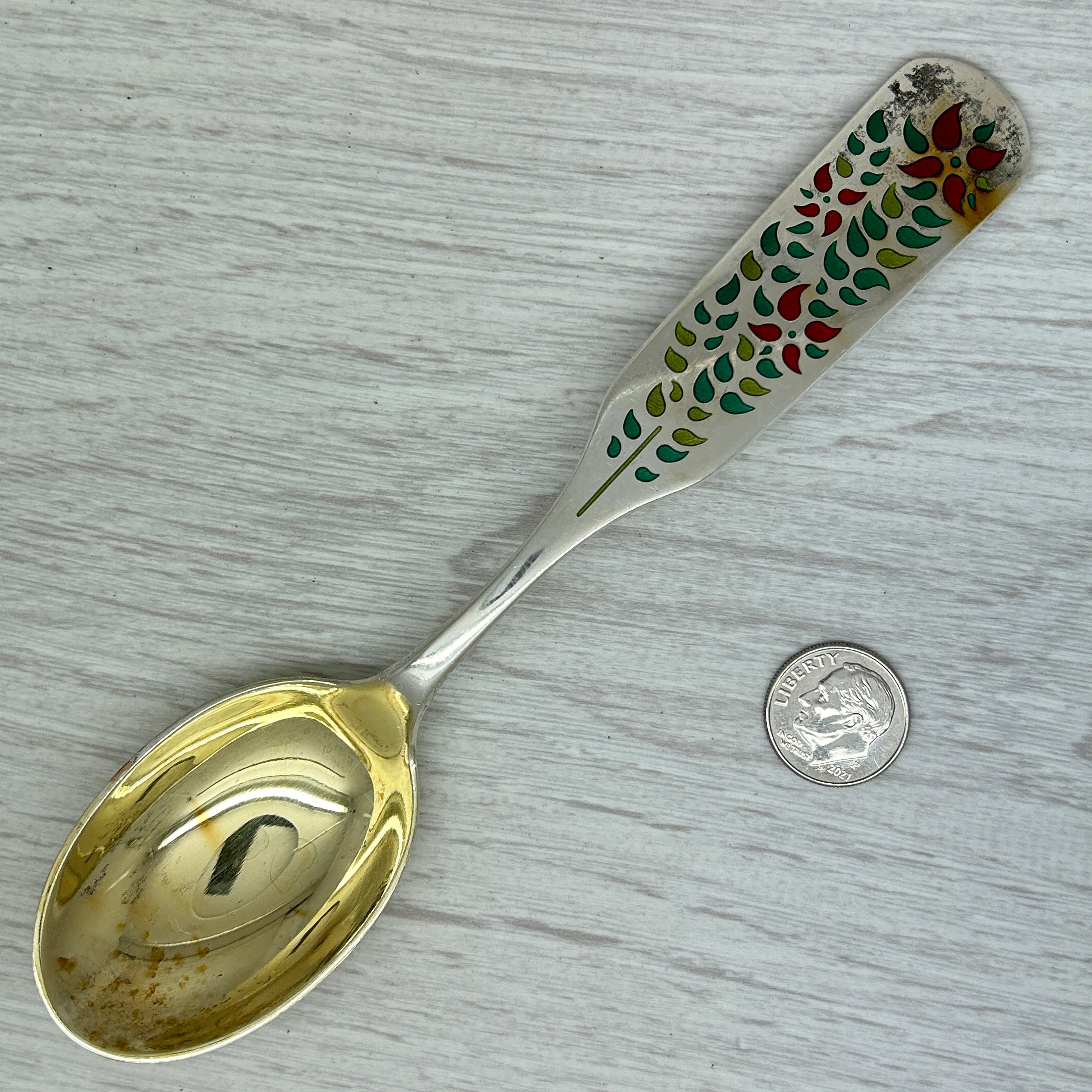 Dark Gray Vintage 1955 Anton Michelsen Sterling Silver & Enamel Christmas Spoon Denmark