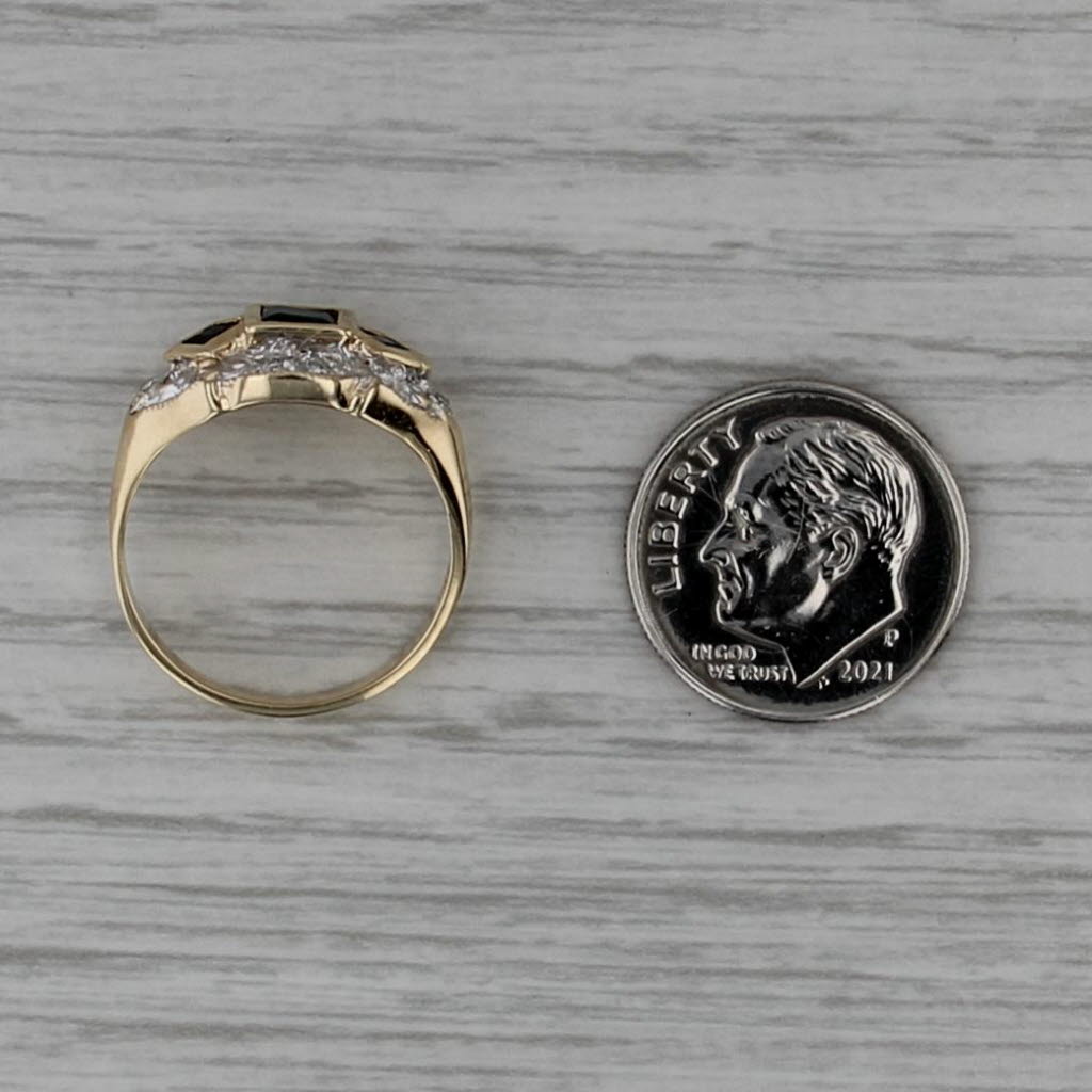 0.75ctw Blue 3-Stone Sapphire Diamond Halo Ring 10k Yellow Gold Size 6