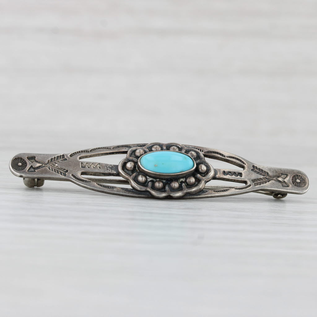 Light Gray Native American Howlite Bar Brooch Stamped Sterling Silver Vintage Pin