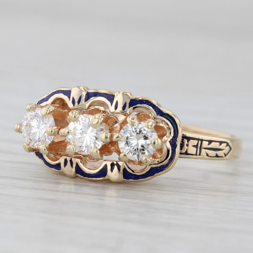 Light Gray Vintage 0.75ctw Round Brilliant 3-Stone Ring 14k Yellow Gold Enamel