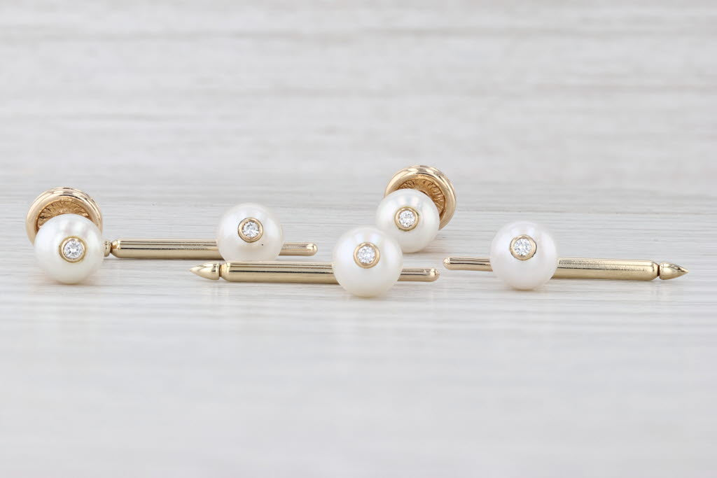 Light Gray Vintage Cultured Pearl Diamond Shirt Studs 14k Yellow Gold Suit Accessories