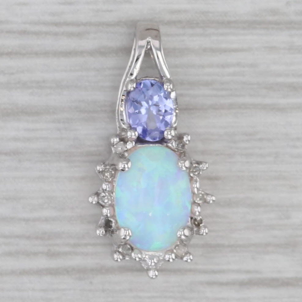 Gray Lab Created Opal Diamond Tanzanite Pendant 10k White Gold Small Drop
