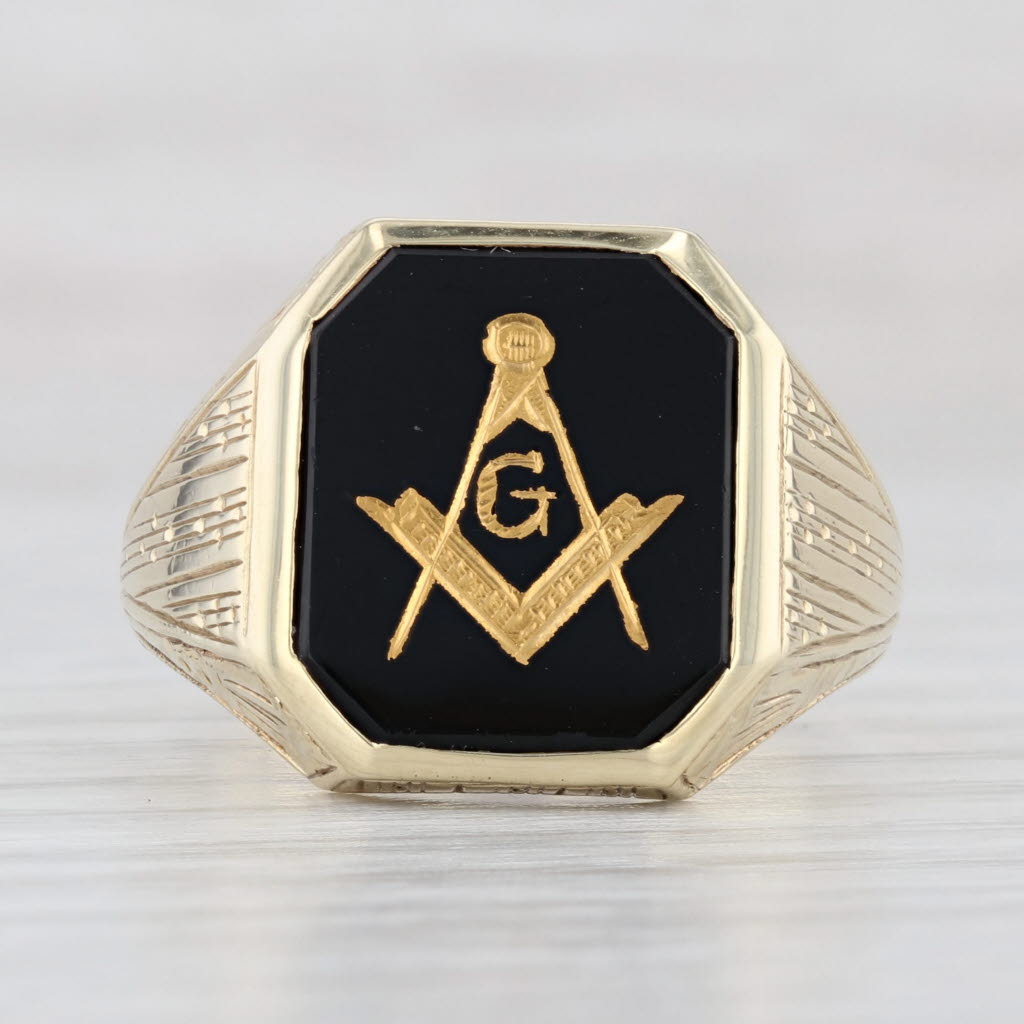 Light Gray Vintage Onyx Masonic Ring 10k Yellow Gold Size 9.5 Blue Lodge Square Compass