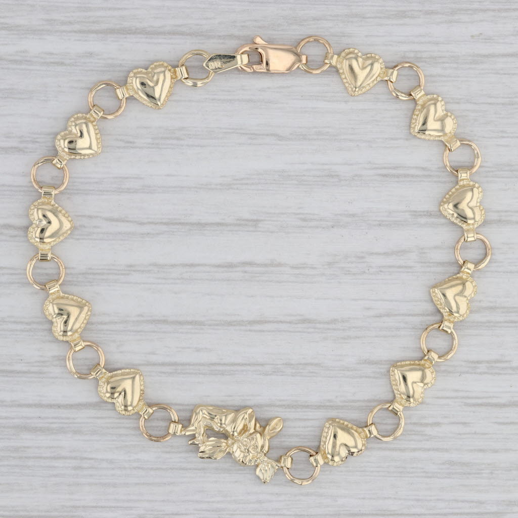 Gray Guardian Angel Cherub Hearts Bracelet 10k Yellow Gold 7.25"