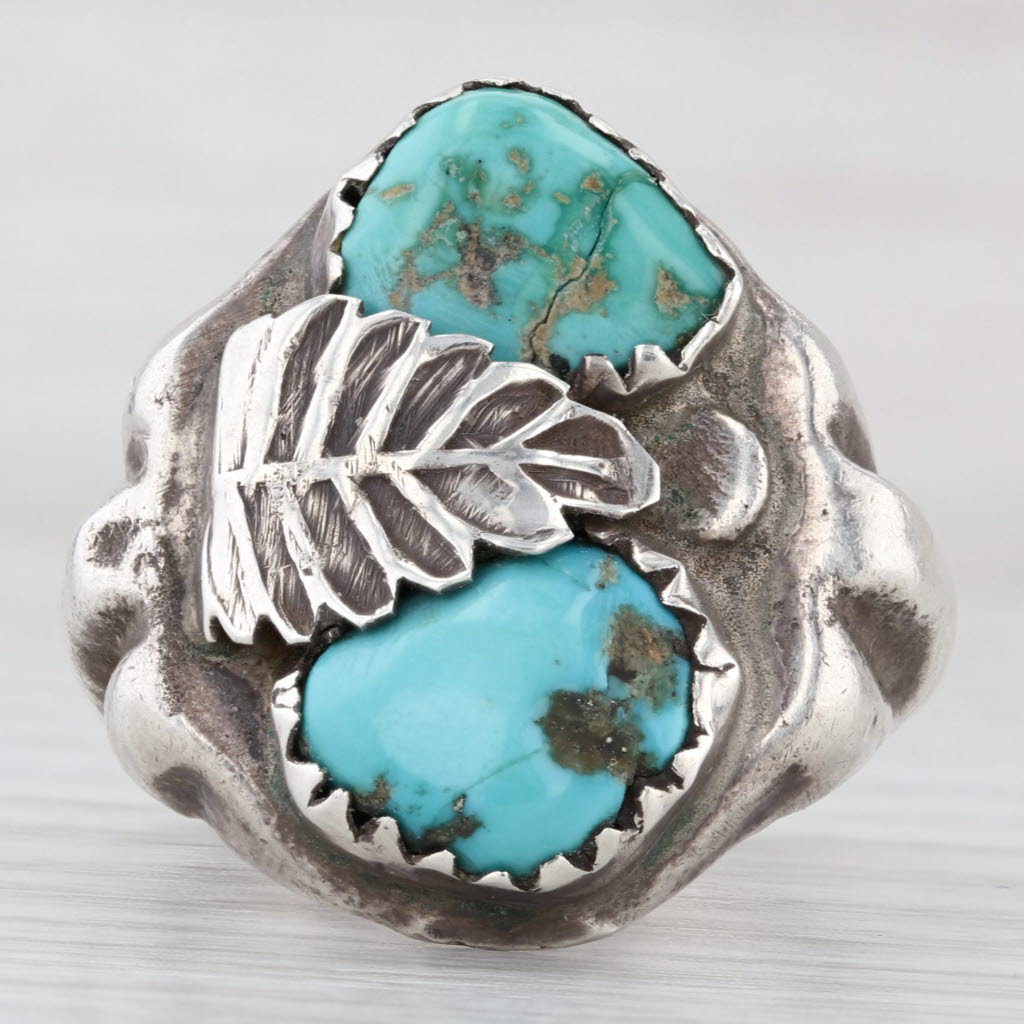 Vintage Native American Turquoise Cabochon Leaf Ring Sterling Silver Size 10