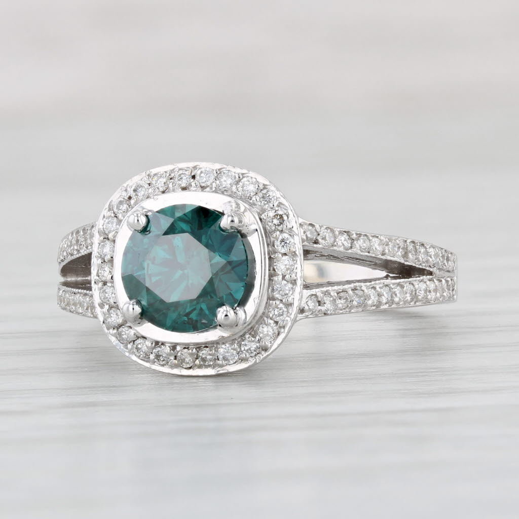 Light Gray 1.86ctw Round Teal Diamond Halo Engagement Ring 18k White Gold Size 7.75 IGI