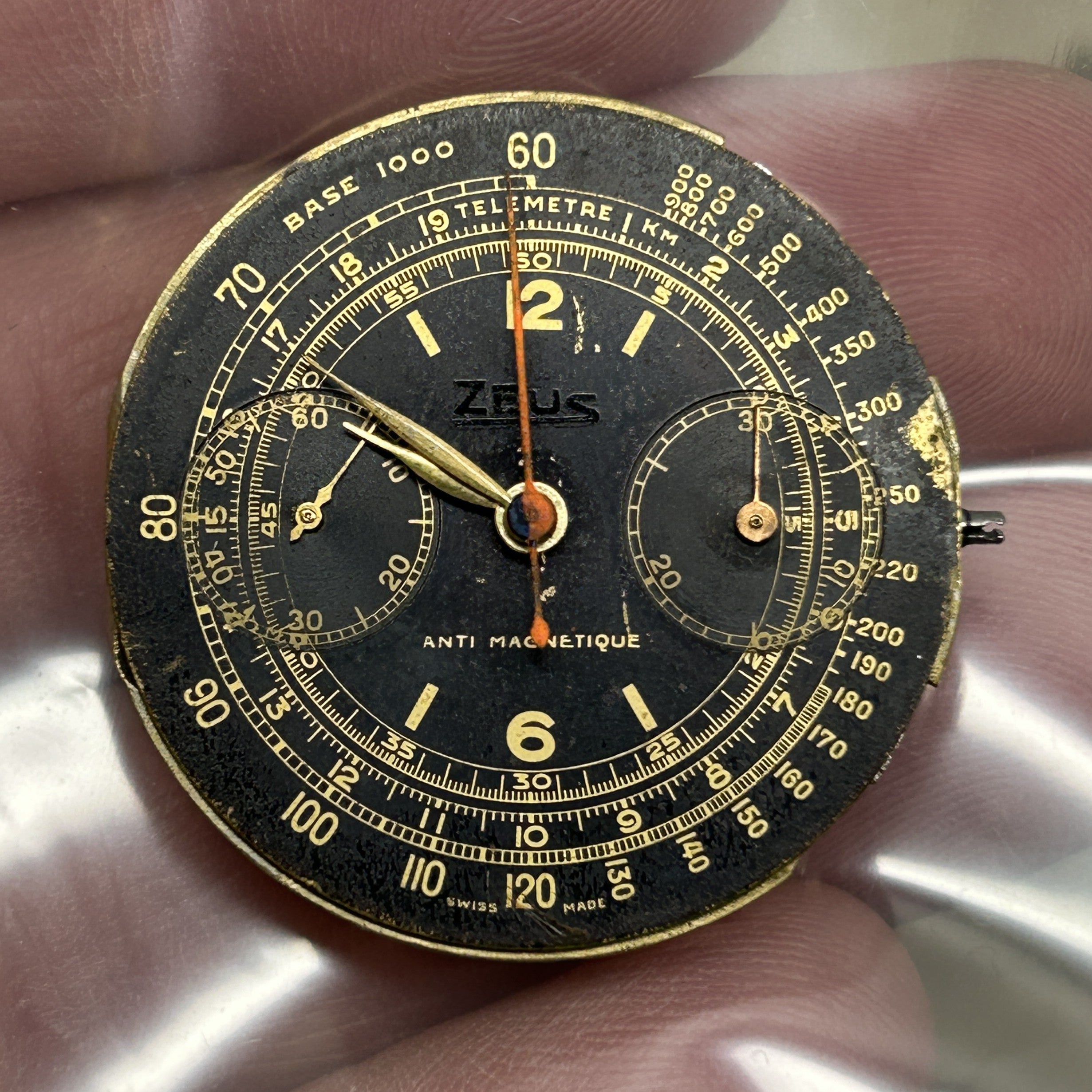 Vintage 1940s Zeus 38mm Steel Clamshell Chronograph Watch Black Dial Valjoux 22