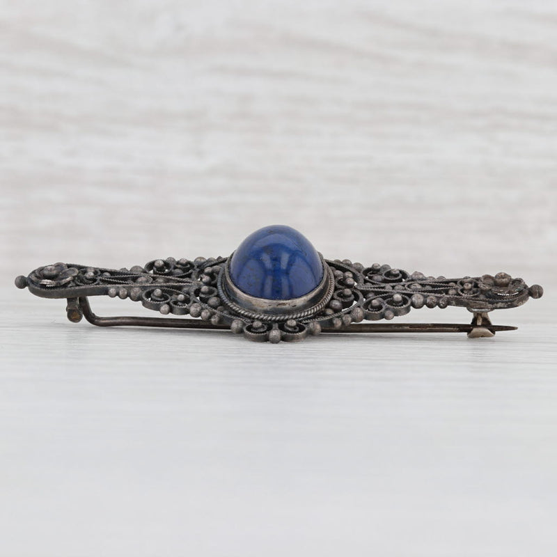 Light Gray Antique Blue Glass Filigree Pin 800 Silver Ornate Brooch