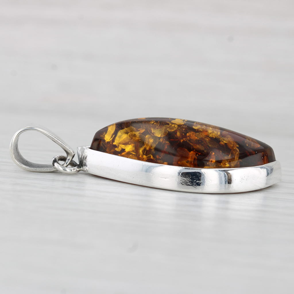 Light Gray Navette Amber Statement Pendant Sterling Silver