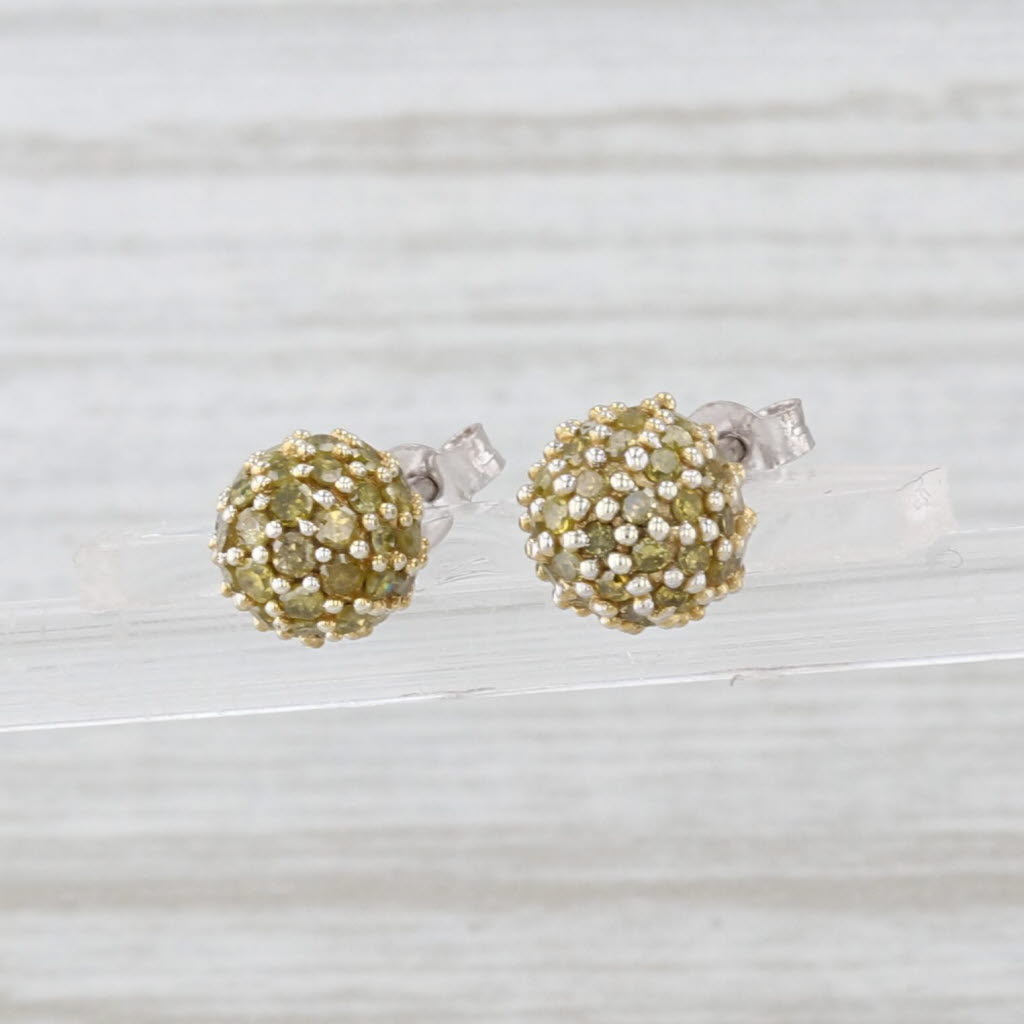 Light Gray 0.72ctw Yellow Diamond Pave Ball Bead Stud Earrings 10k Yellow Gold COA