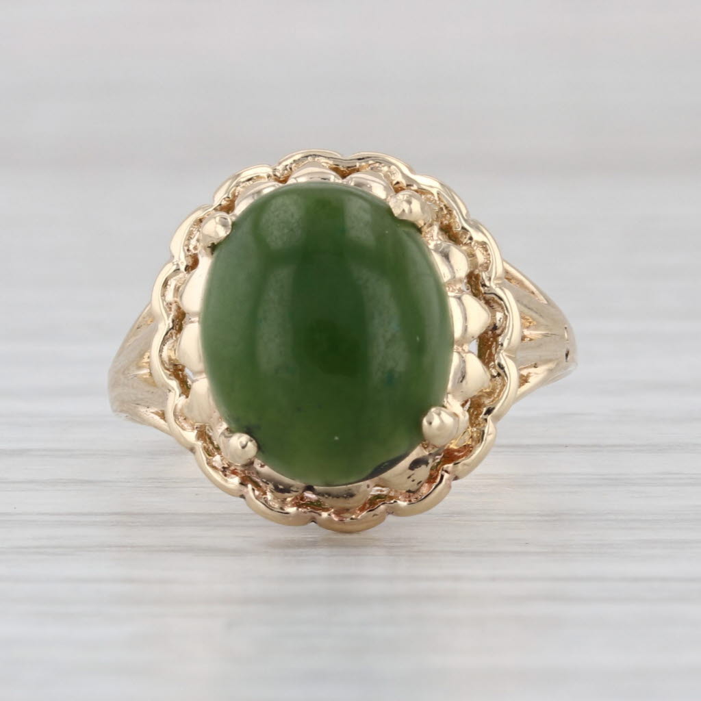 Green Nephrite Jade Oval Cabochon Solitaire Ring 10k Yellow Gold Size 7.25