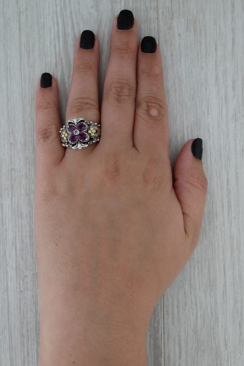 Bixby Garnet White Topaz Flower Ring Sterling Silver 18k Gold Cocktail Statement