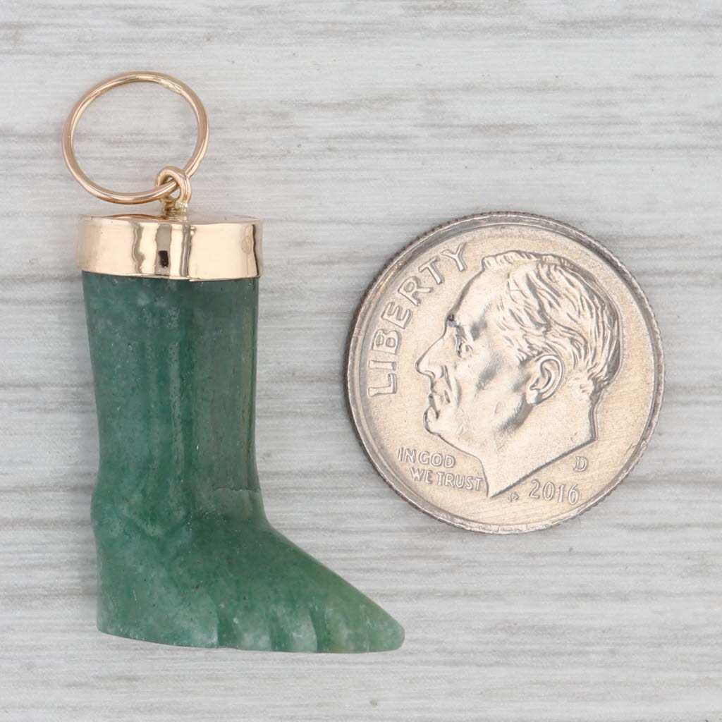 Carved Green Aventurine Quartzite Foot Pendant 18k Yellow Gold Charm