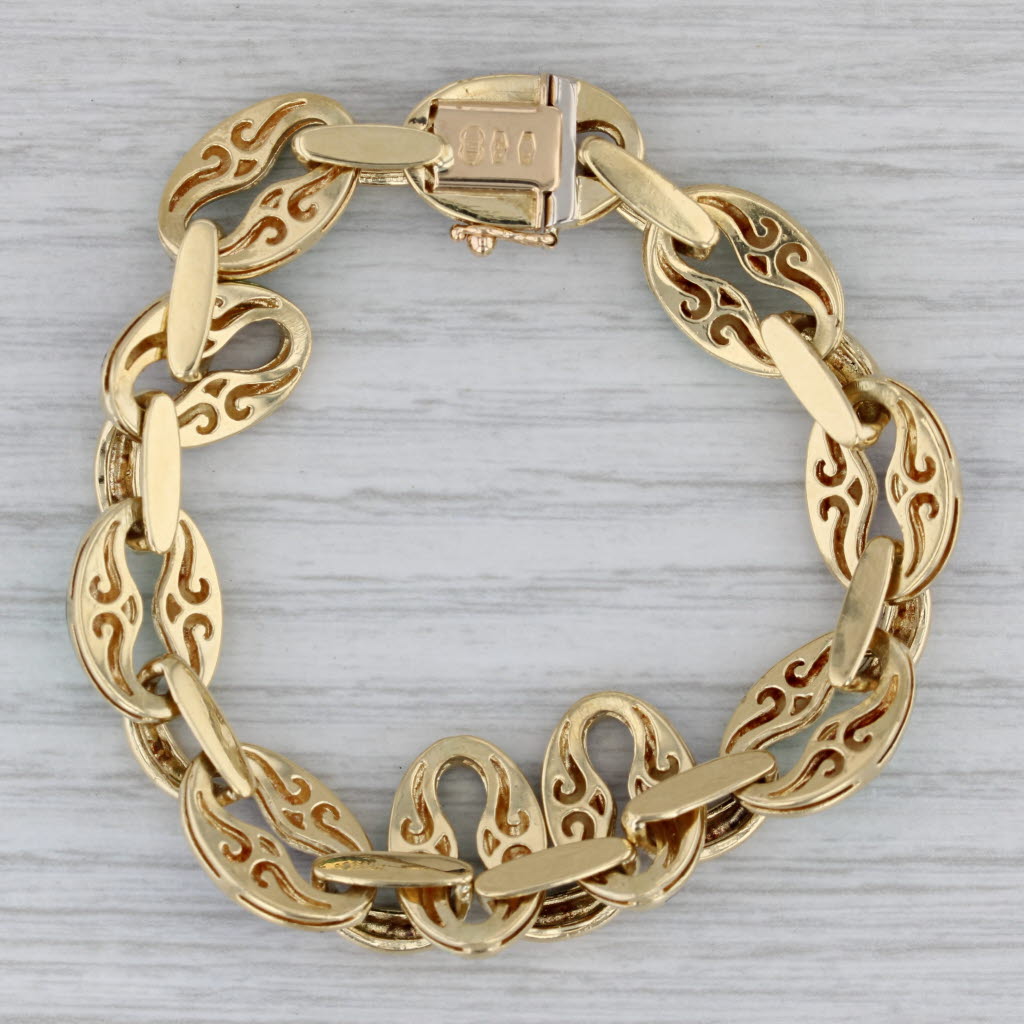 Gray Vintage Mariner Anchor Chain Bracelet 18k Yellow Gold Enamel 6.75" 10.6mm