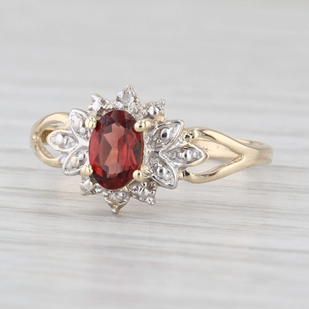 0.50ct Oval Garnet Diamond Flower Ring 10k Yellow Gold Size 6.75