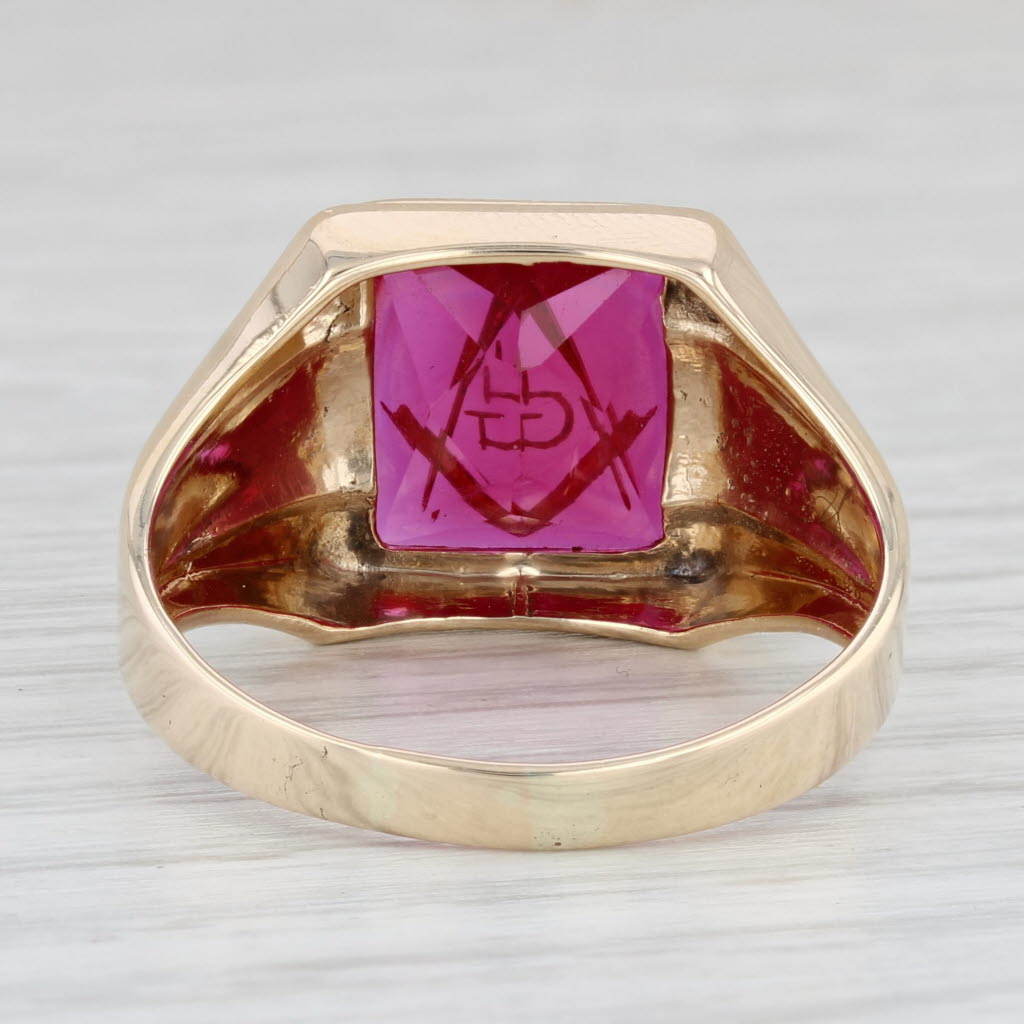 Light Gray Masonic Blue Lodge Signet Ring Lab Created Ruby 10k Gold Square Compass Sz 12.5