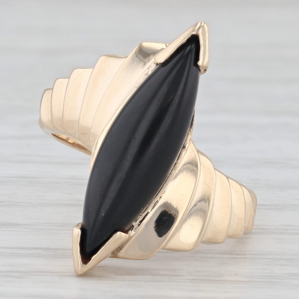 Light Gray Marquise Cabochon Onyx Bypass Ring 14k Yellow Gold Size 6.25 Beveled Band