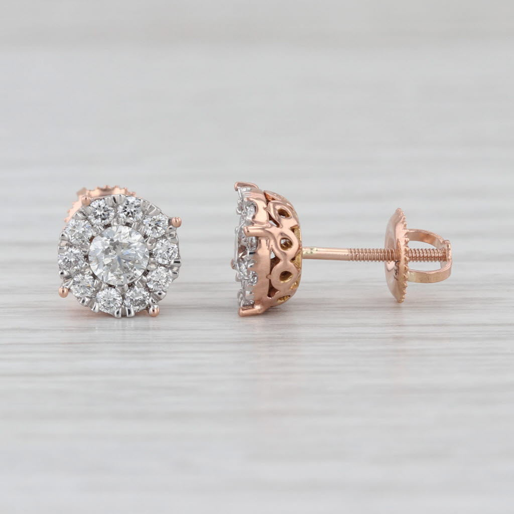 0.84ctw Round Diamond Halo Stud Earrings 14k Rose Gold Screw Back Studs