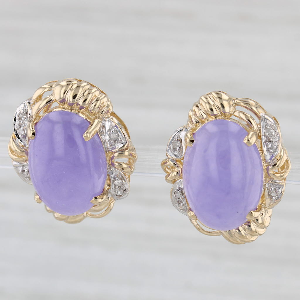 Gray Lavender Jadeite Jade Diamond Earrings 14k Yellow Gold Oval Cabochon Omega Backs