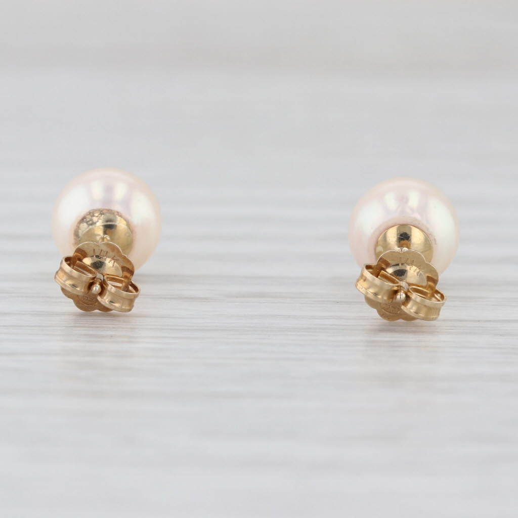 7.3mm Cultured Pearl Stud Earrings 14k Yellow Gold Round Solitaire Studs