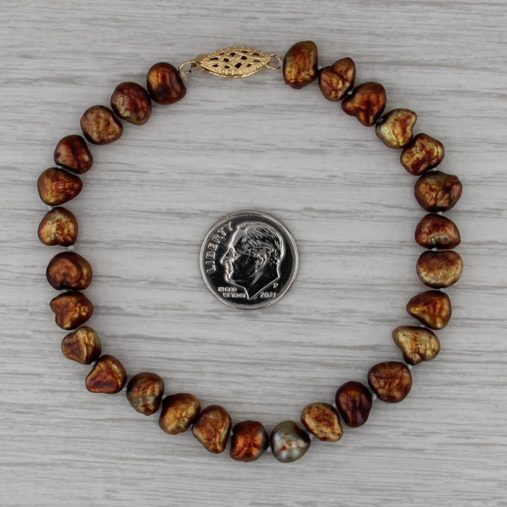 Brown Cultured Pearl Single Strand Bracelet 14k Gold Filled 8" 8.4mm