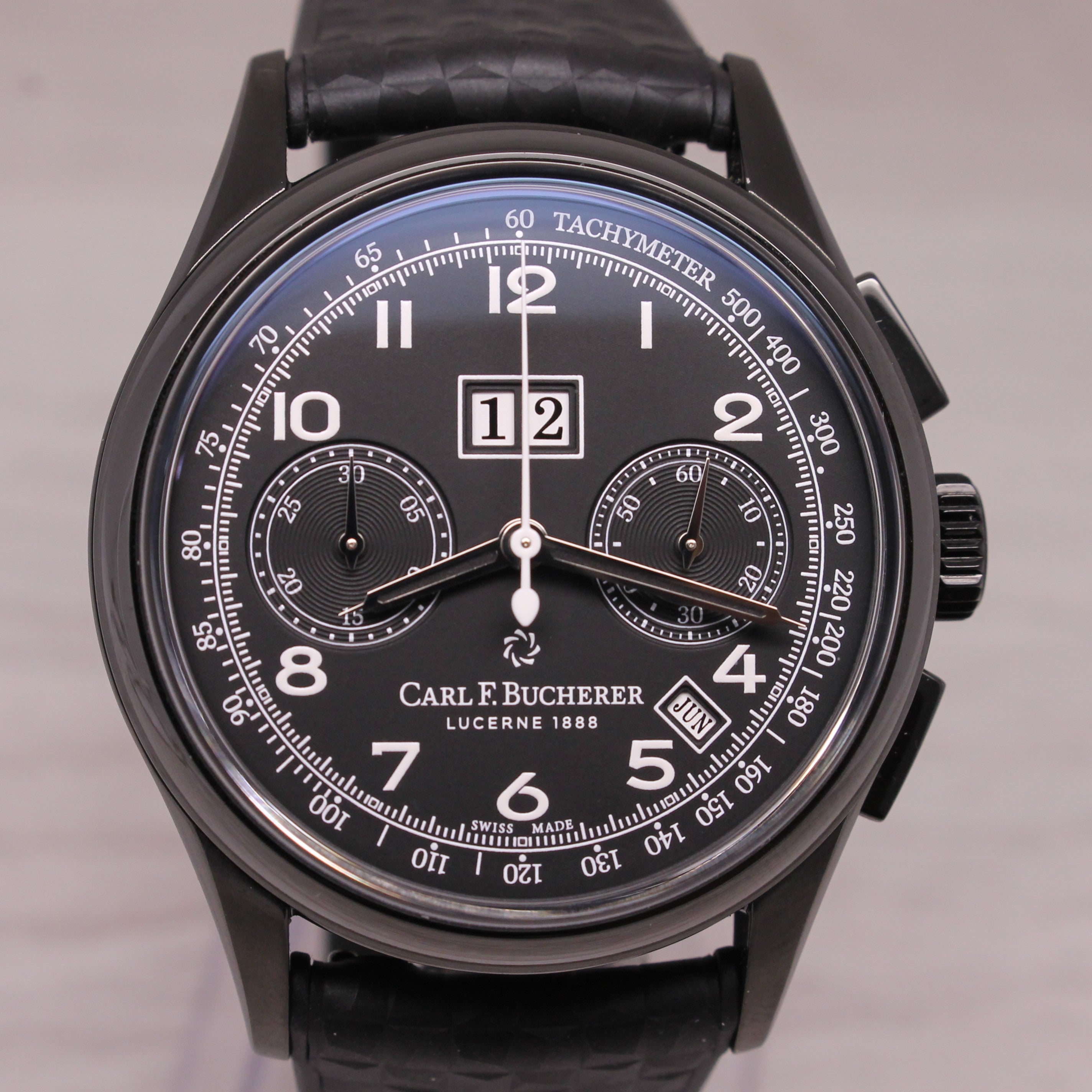 Dark Slate Gray Carl Bucherer Mens BiCompax Chronograph Big Date DLC Coated 41mm Watch w Box