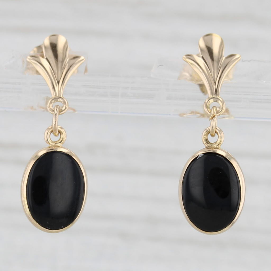 Light Gray Black Onyx Oval Fleur de Lis 14k Yellow Gold Earrings