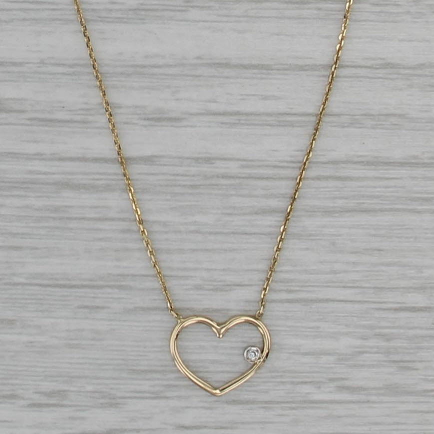 Diamond Solitaire Open Heart Pendant Necklace 14k Gold 16.25-18" Cable Chain