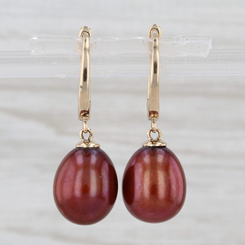Bronze Brown Cultured Pearl Dangle Earrings 14k Yellow Gold Snap Top