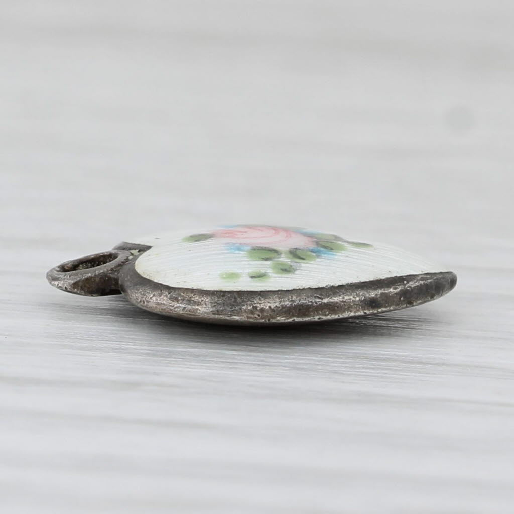 Light Gray Vintage Floral Puffy Heart Charm Sterling Silver Enamel Pendant Ornate