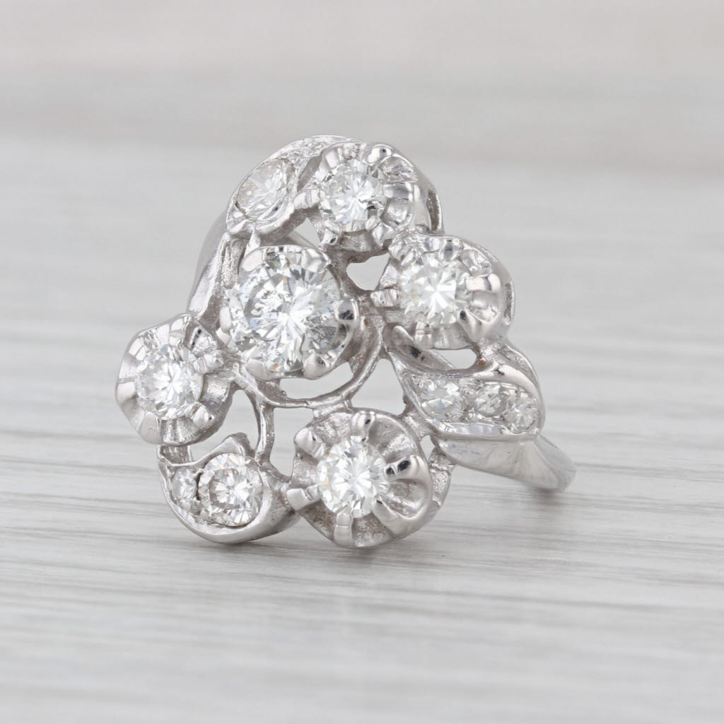 Vintage 1.41ctw Diamond Cluster Ring 14k White Gold Heart Accents Size 5.5