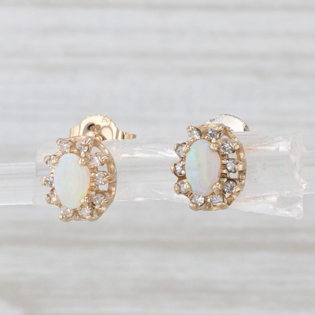 Opal & Diamond Halo Stud Earrings 14k Yellow Gold Studs