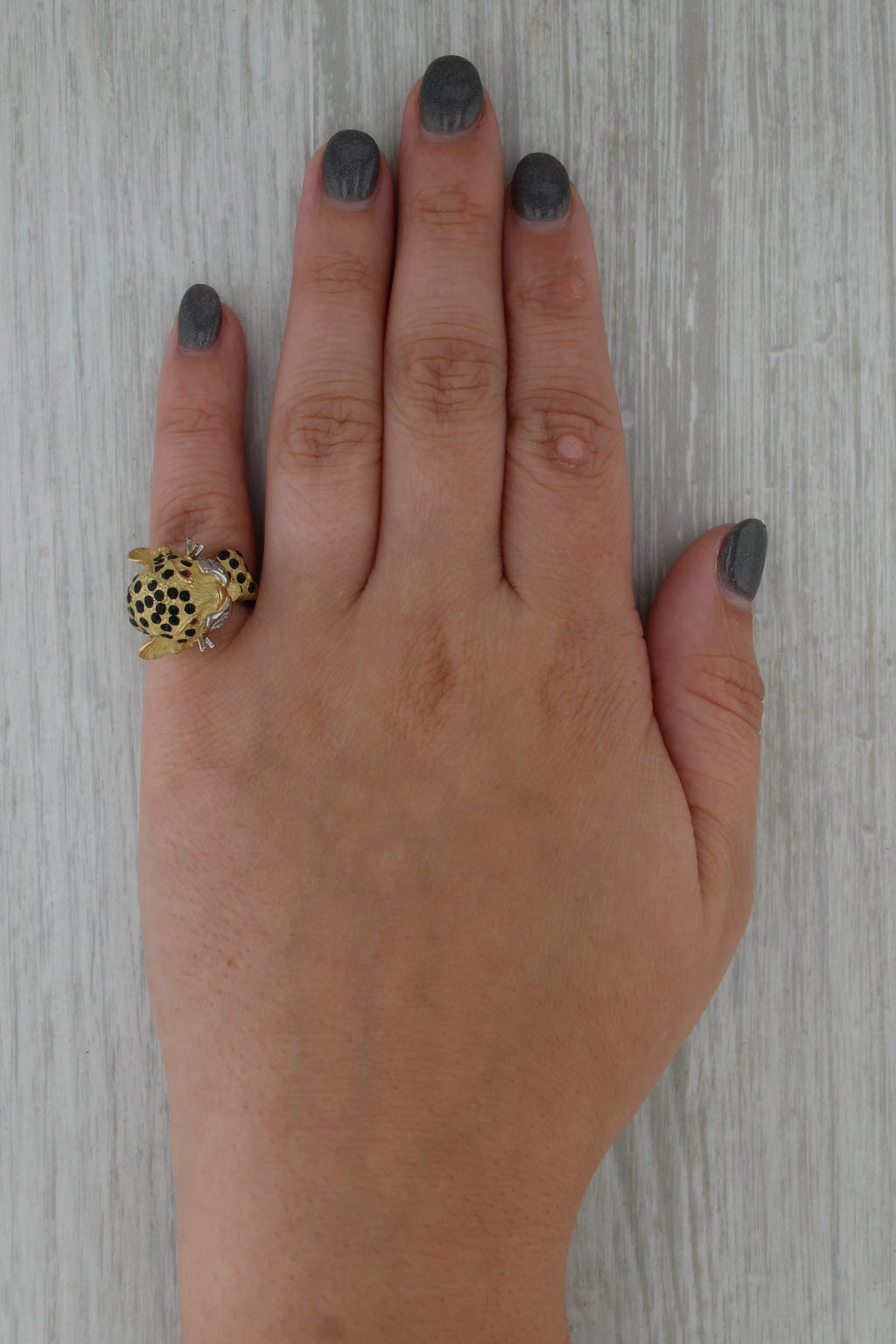 Leopard Ring Diamond Lab Created Ruby 18k Yellow Gold Enamel Statement
