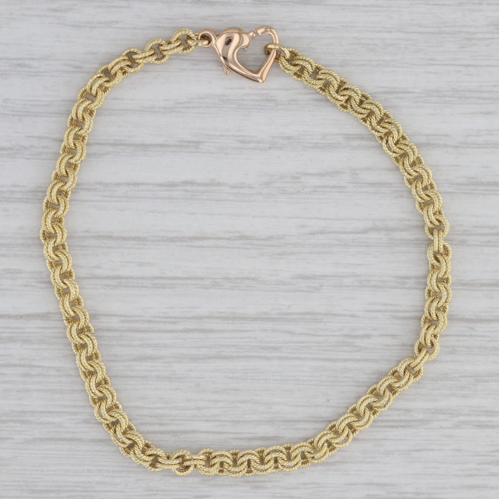 Gray Double Link Cable Chain Bracelet 18k Yellow Gold Heart Clasp 7.25" 3mm