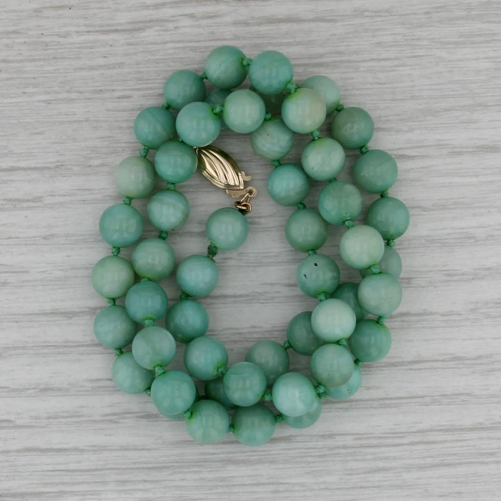 Green Shell Bead Strand Necklace 14k Gold Clasp 17.75" 7.1mm-7.4mm