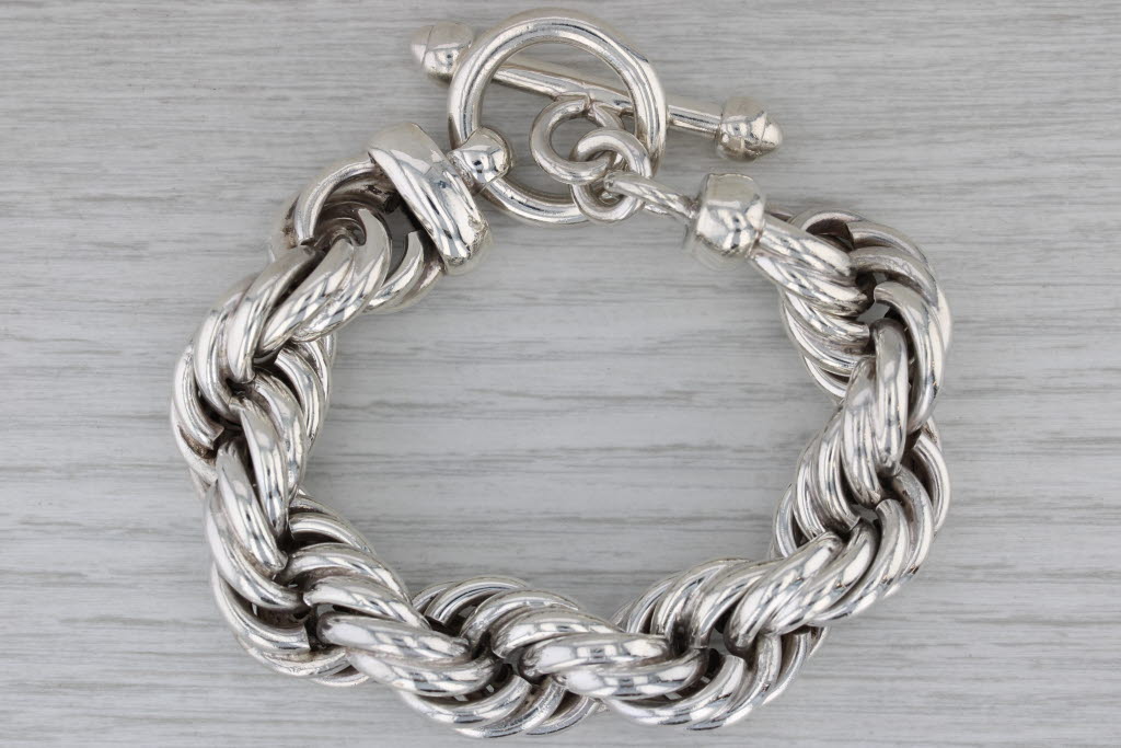 Dark Gray Large Rope Chain Statement Bracelet Sterling Silver 6.5" 16.3mm Toggle Clasp