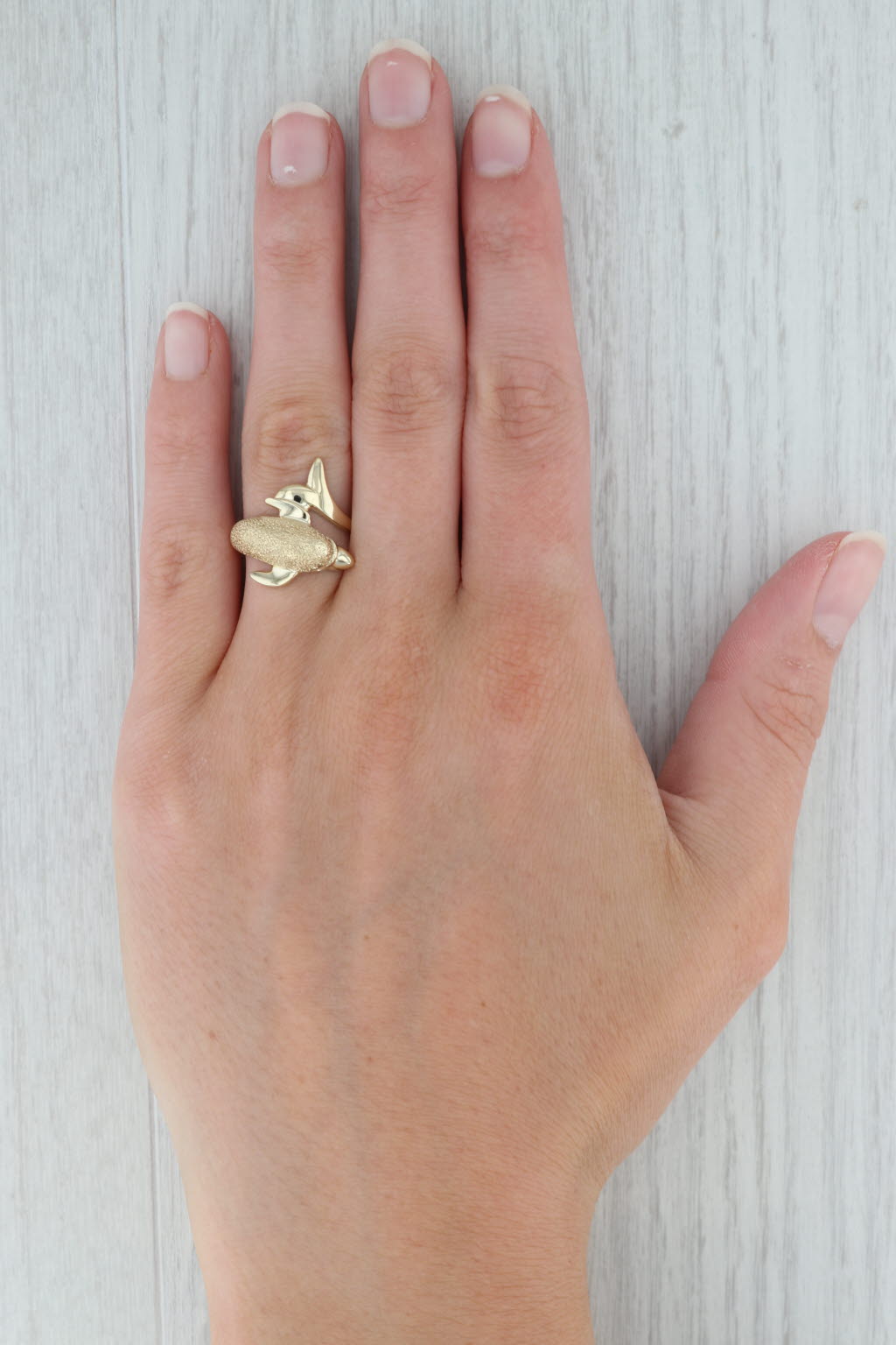 Dark Gray Dolphin Bypass Ring 14k Yellow Gold Size 7 Nautical Jewelry