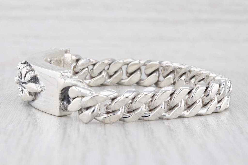 Light Gray Vintage Ornate Floral Bar Bracelet Sterling Silver 8.5" Snap Clasp
