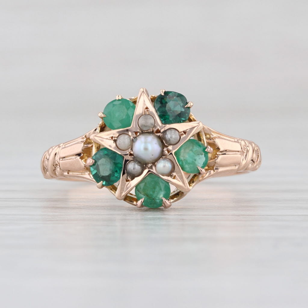 Antique Green Stone Flower Ring 10k Gold Emerald Garnet Glass Imitation Pearls