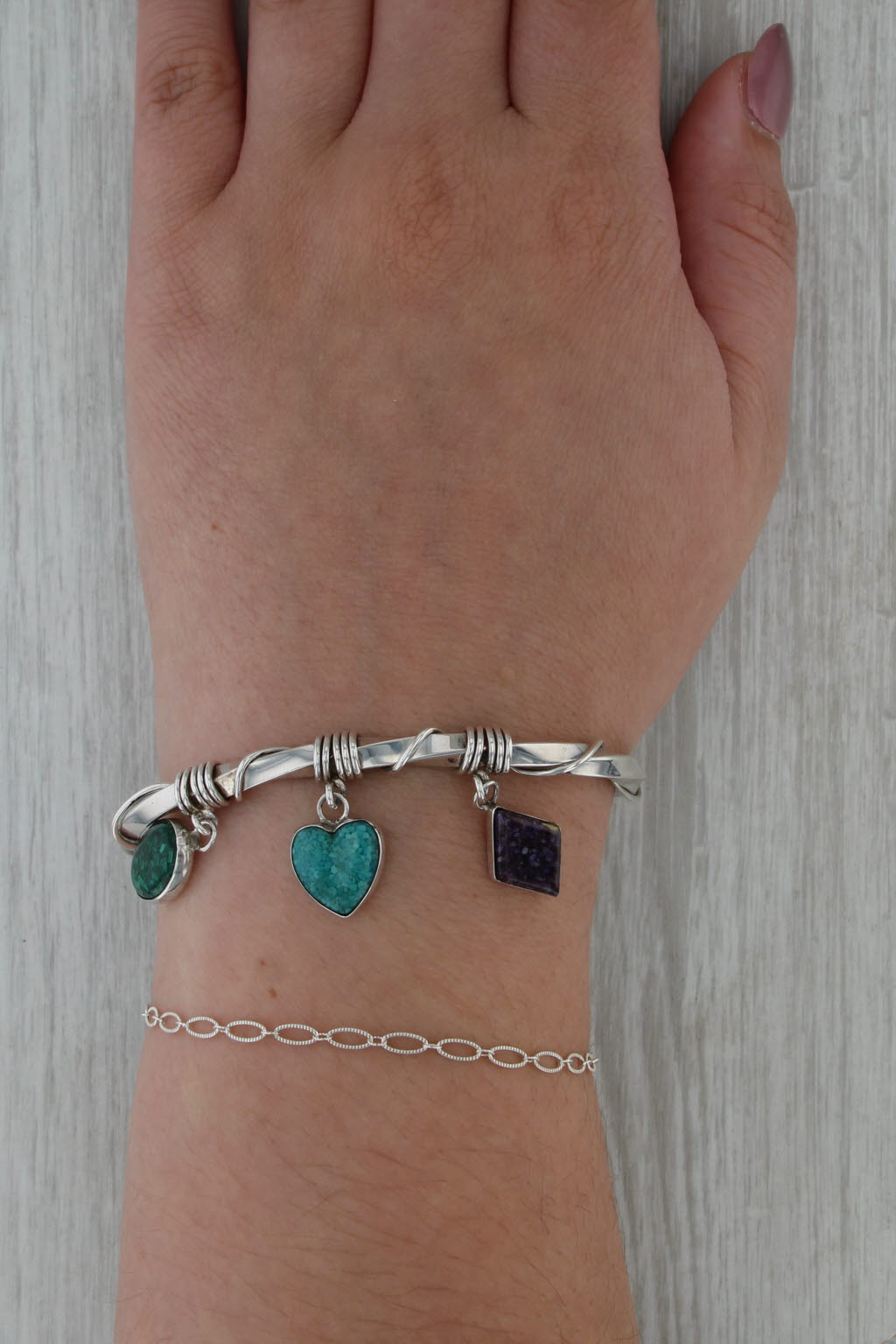 Carolyn Pollack Cuff Charm Bracelet Sterling Silver Mixed Stones 6.5"