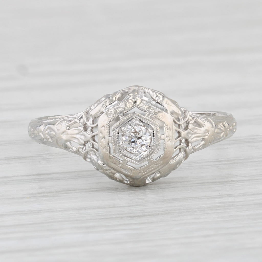 Light Gray Art Deco Diamond Solitaire Engagement Ring 18k White Gold Filigree Size 8