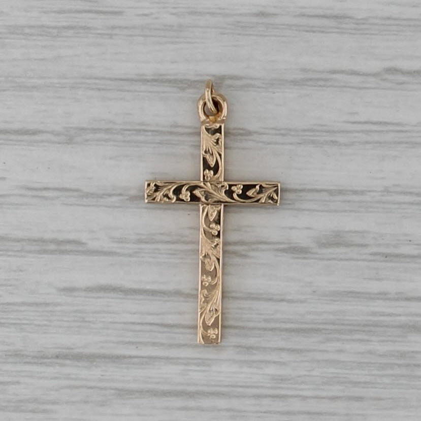 Vintage Ornate Floral Cross Pendant Gold Filled Charm
