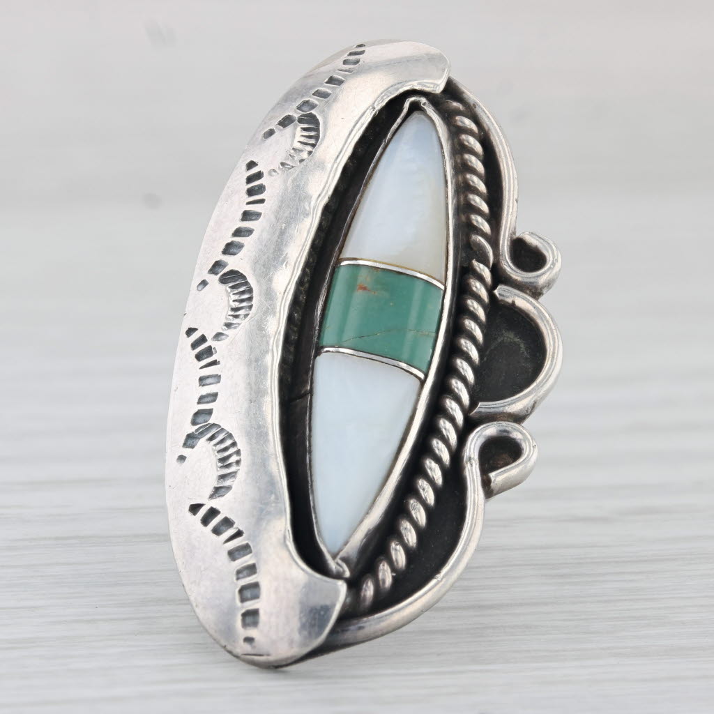 Light Gray Vintage Turquoise Mother of Pearl Stamped Ring Sterling Silver Size 6 Statement