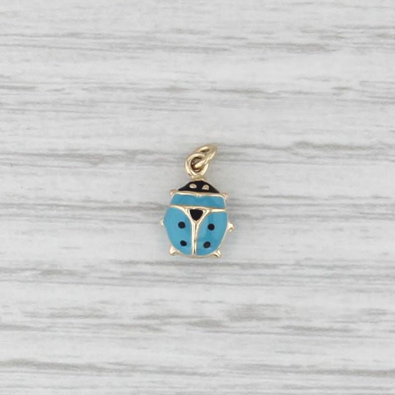 Blue Ladybug Charm 14k Yellow Gold Resin Small Drop Pendant Good Luck