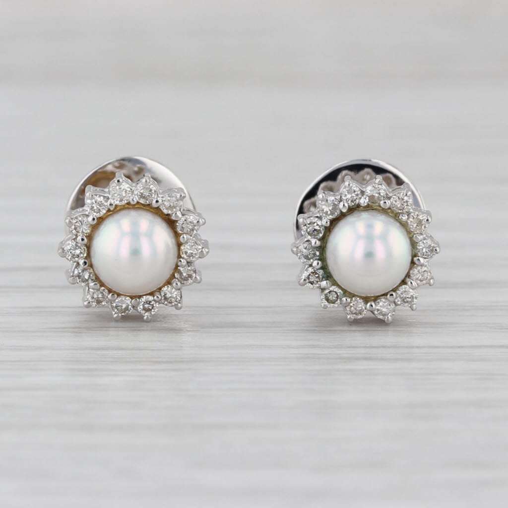 0.30ctw Diamond Halo Cultured Pearl Stud Earrings 10k White Gold Round Studs