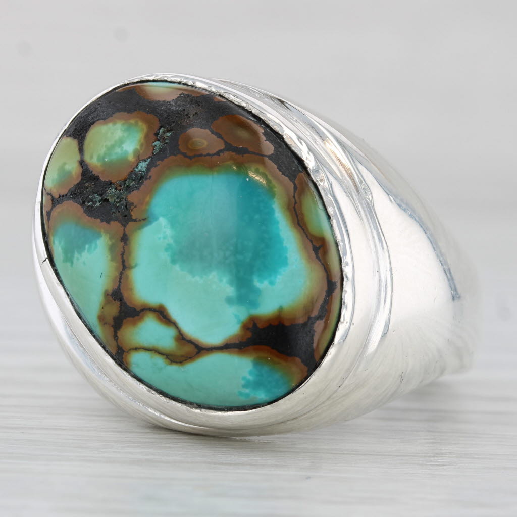 Light Gray Large Native American Marbled Turquoise Ring Sterling Silver Size 13.5